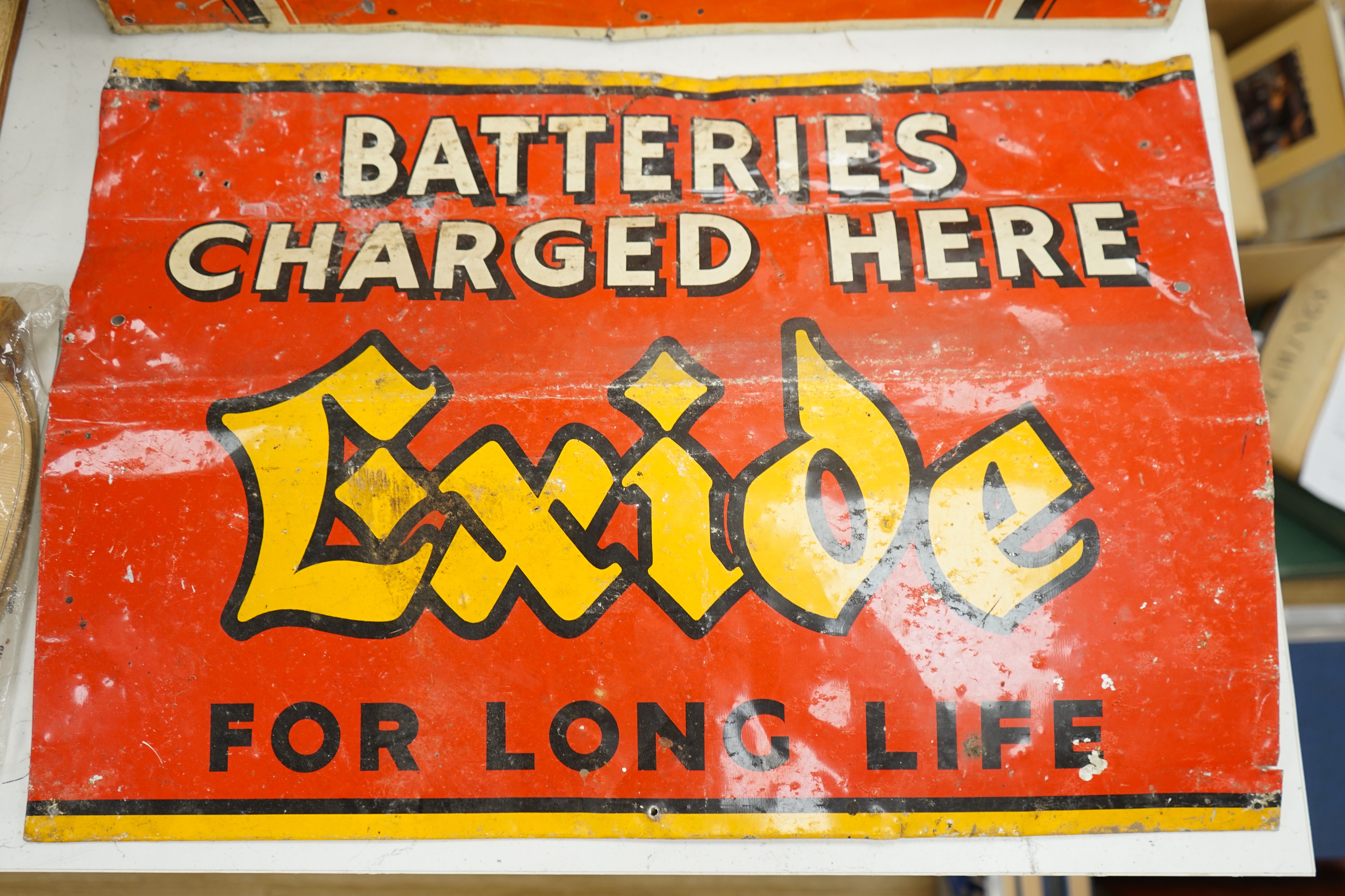 Two advertising enamel signs Drydex and Exide batteries, Exide sign 62cm x 43cm. Condition - poor